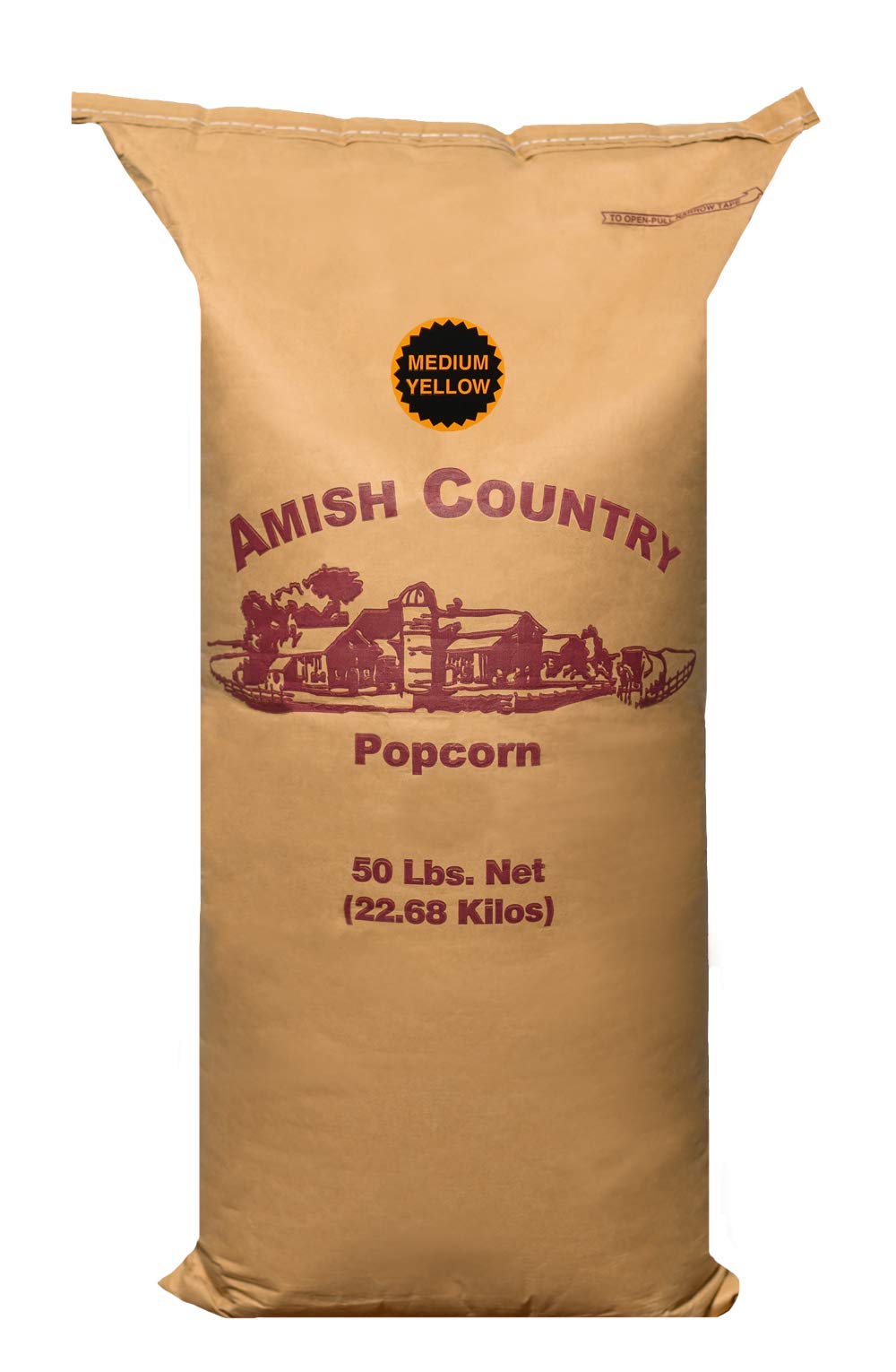 Amish Country Popcorn 50lb bag with medium yellow kernels for bulk snacking.