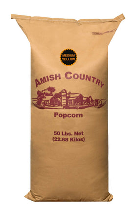 Amish Country Popcorn 50lb bag with medium yellow kernels for bulk snacking.