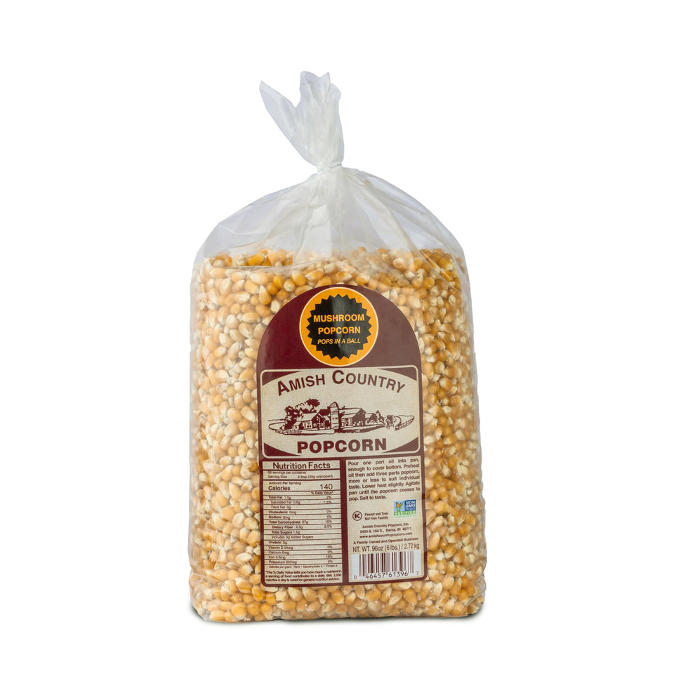 Amish Country Popcorn 6lb bag showing mushroom kernels for fresh popping.