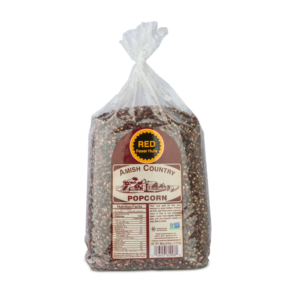 Amish Country Popcorn 6lb red kernels bag front view for home snacking.