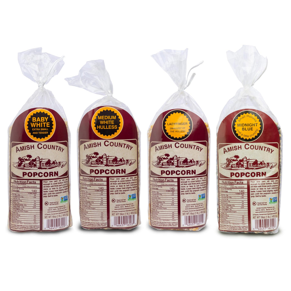 Amish Country Popcorn Baby White 1lb bag ready to pop into a fluffy snack.