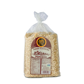 Amish Country Popcorn bag with baby white kernels ready for popping at home