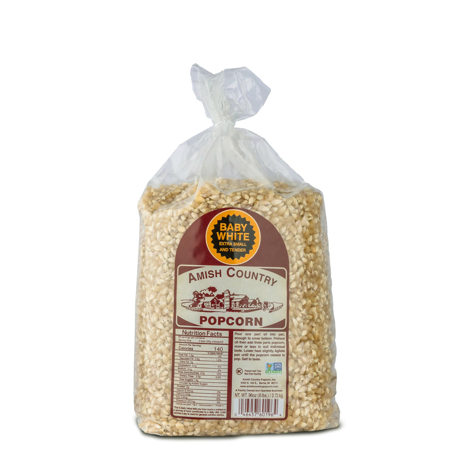 Amish Country Popcorn bag with baby white kernels ready for popping at home