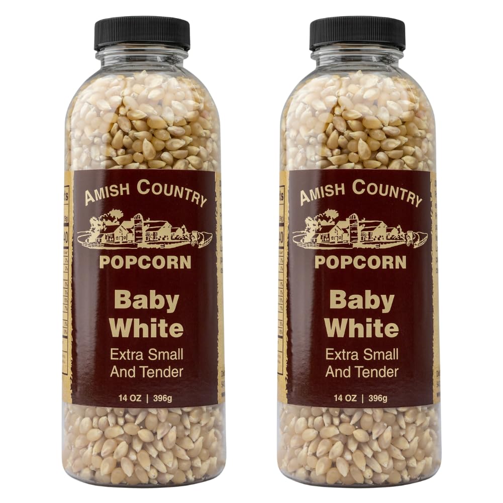Amish Country Popcorn bottle front with baby white kernels, convenient snack option.