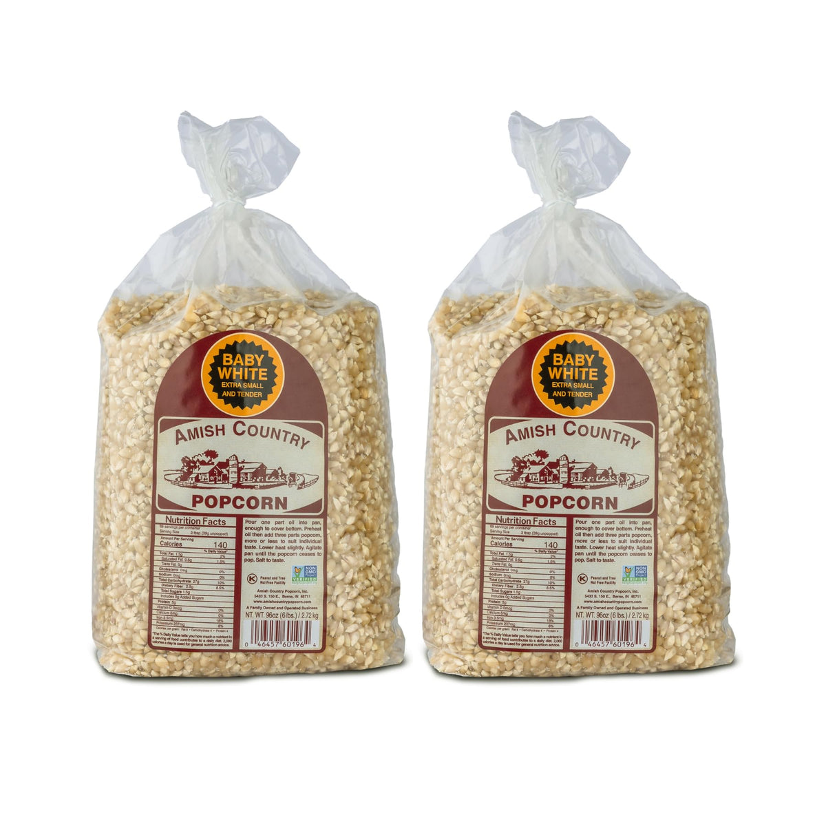 Amish Country Popcorn Baby White Kernels bag; gluten-free, non-GMO snack option.