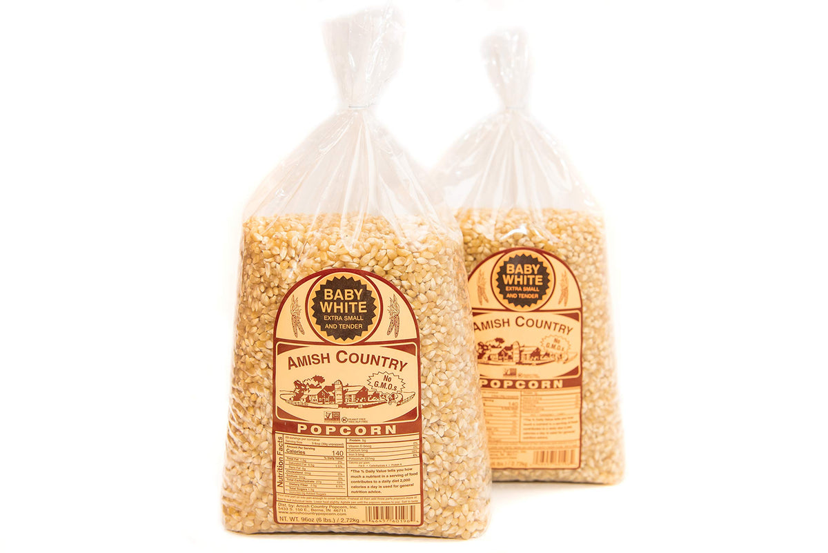 Amish Country Popcorn Baby White Kernels popped corn in bowl; light and tasty.