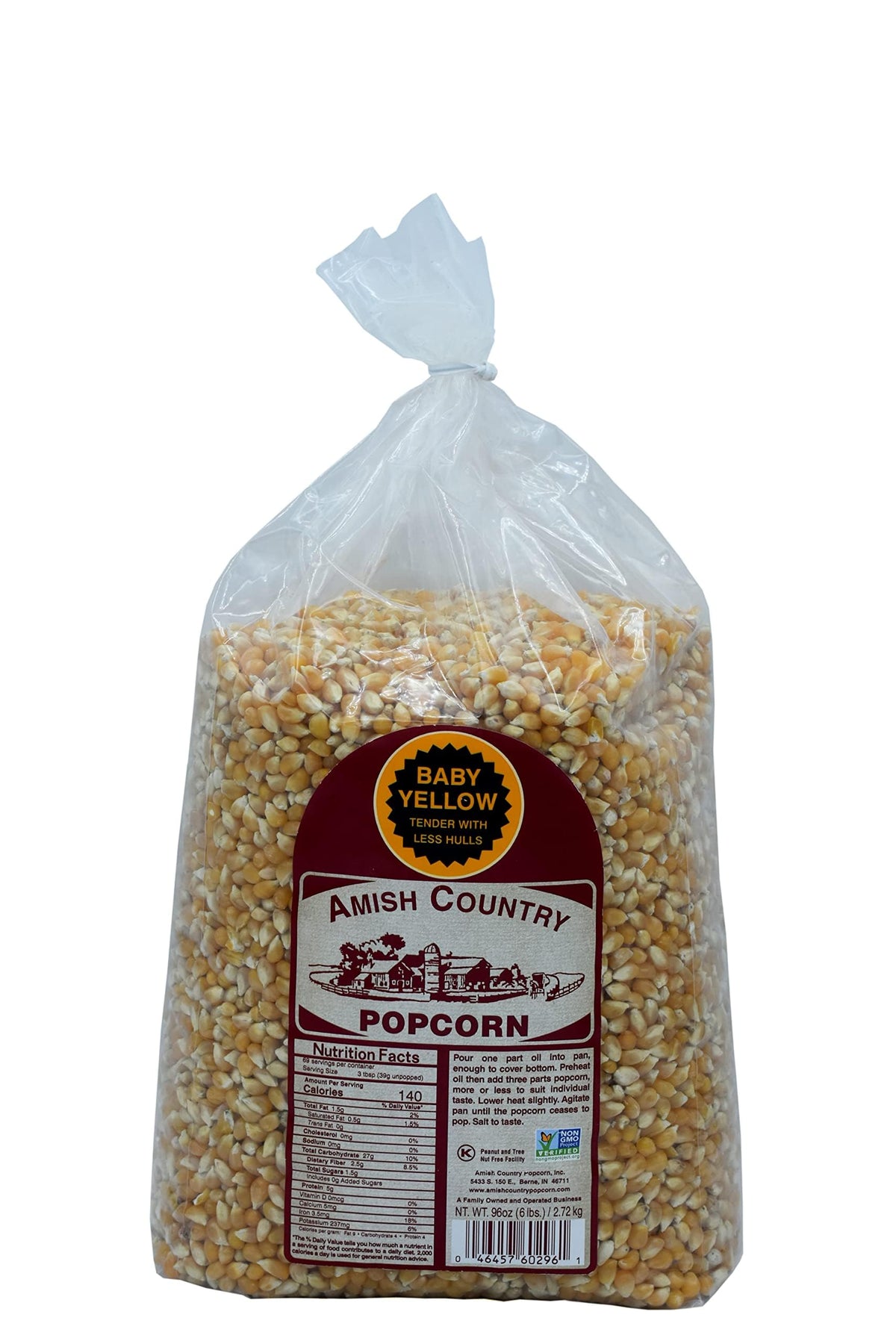 Amish Country Popcorn Baby Yellow kernels in a 6lb bag, ideal for family movie nights