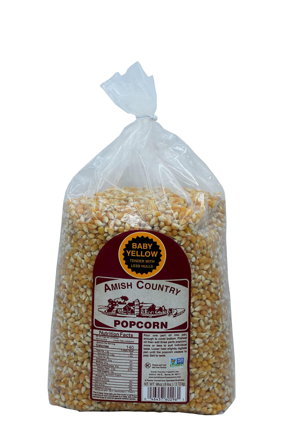 Amish Country Popcorn Baby Yellow kernels in a 6lb bag, ideal for family movie nights