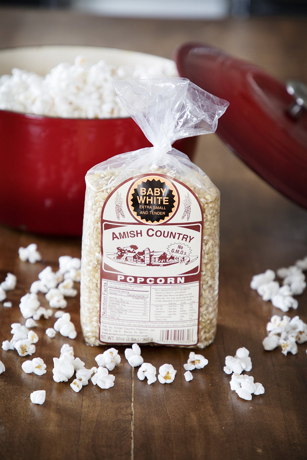 Amish Country Popcorn bag front view highlighting GMO-free wholesome snack option