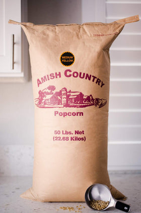 Amish Country Popcorn bag on shelf signaling quality.
