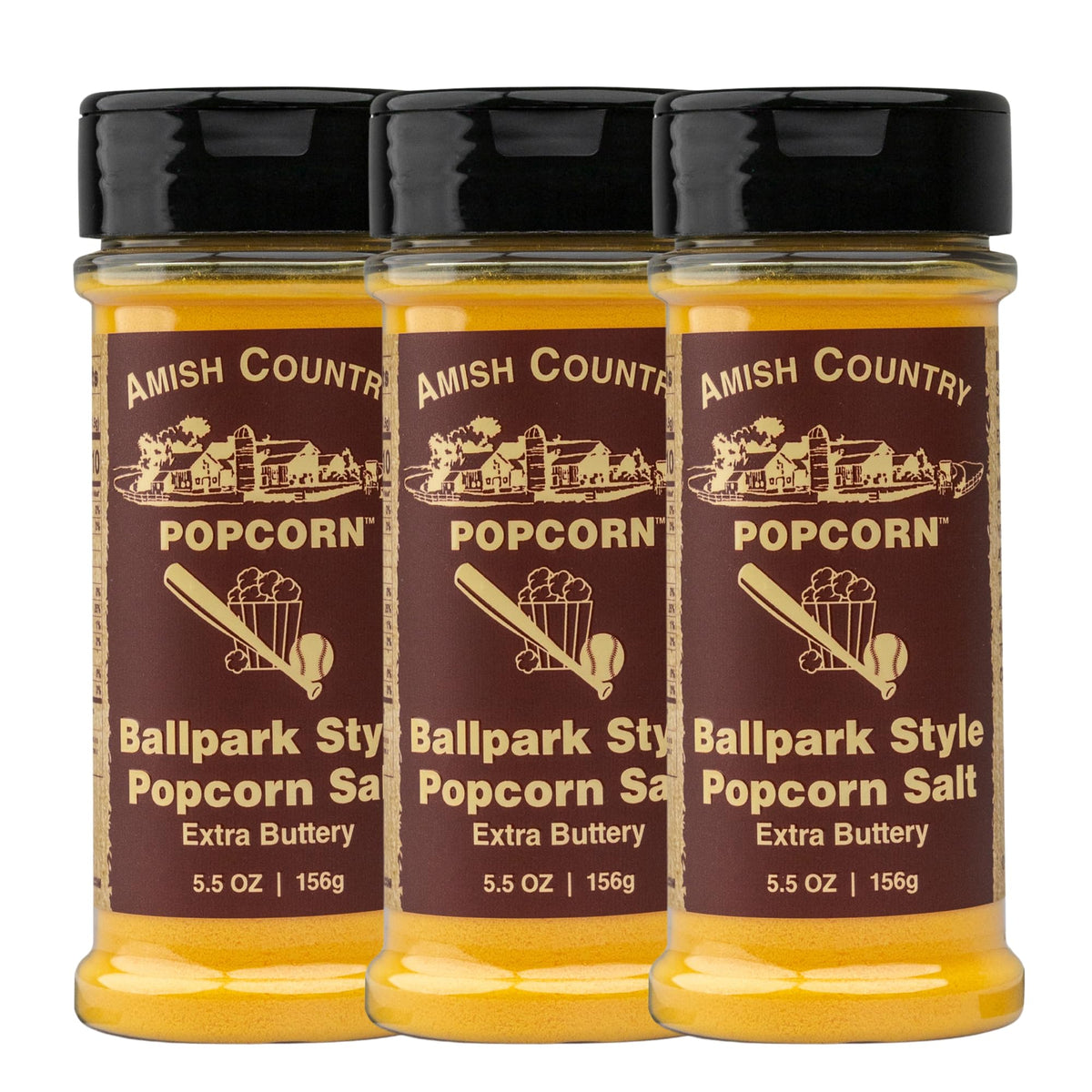 Amish Country Popcorn ballpark butter-salt bottle keeps popcorn flavor ready for family snacking.