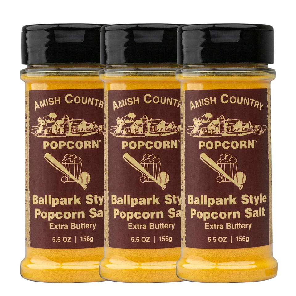 Amish Country Popcorn ballpark butter-salt bottle keeps popcorn flavor ready for family snacking.