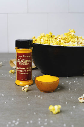 Amish Country Popcorn ballpark butter-salt label close-up showcases retro ballpark flavor.