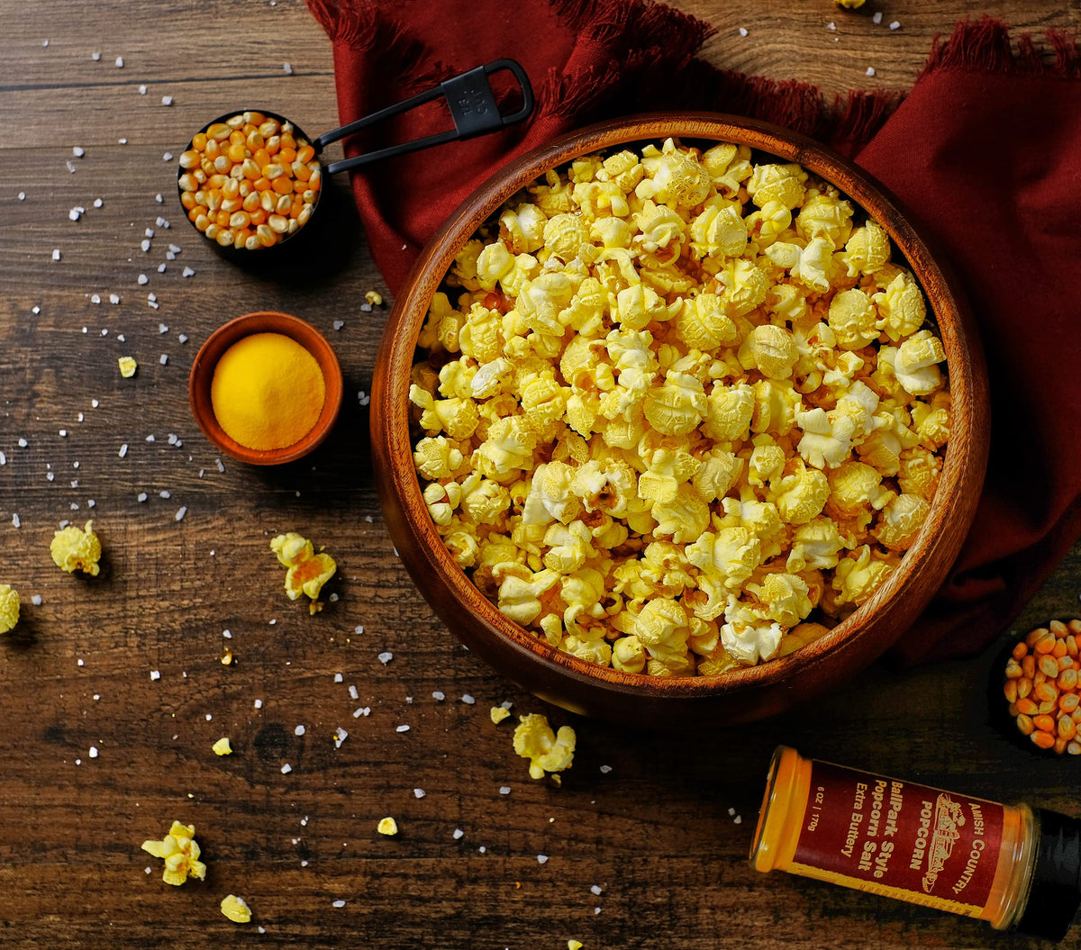 Amish Country Popcorn ballpark butter-salt popcorn bowl scene evokes cozy game night.
