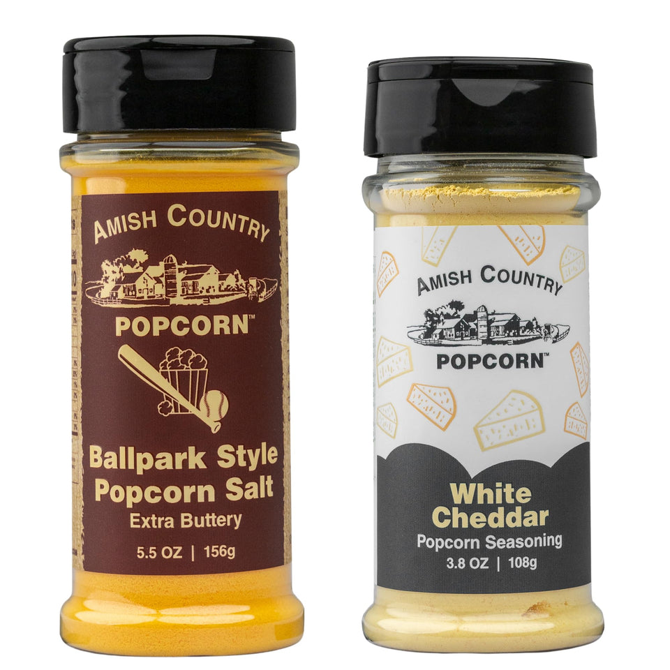 Amish Country Popcorn BallPark Buttersalt jar pour for easy seasoning.