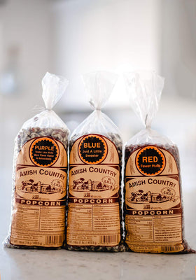 Amish Country Popcorn blue kernels in a bag for aroma-filled crunch