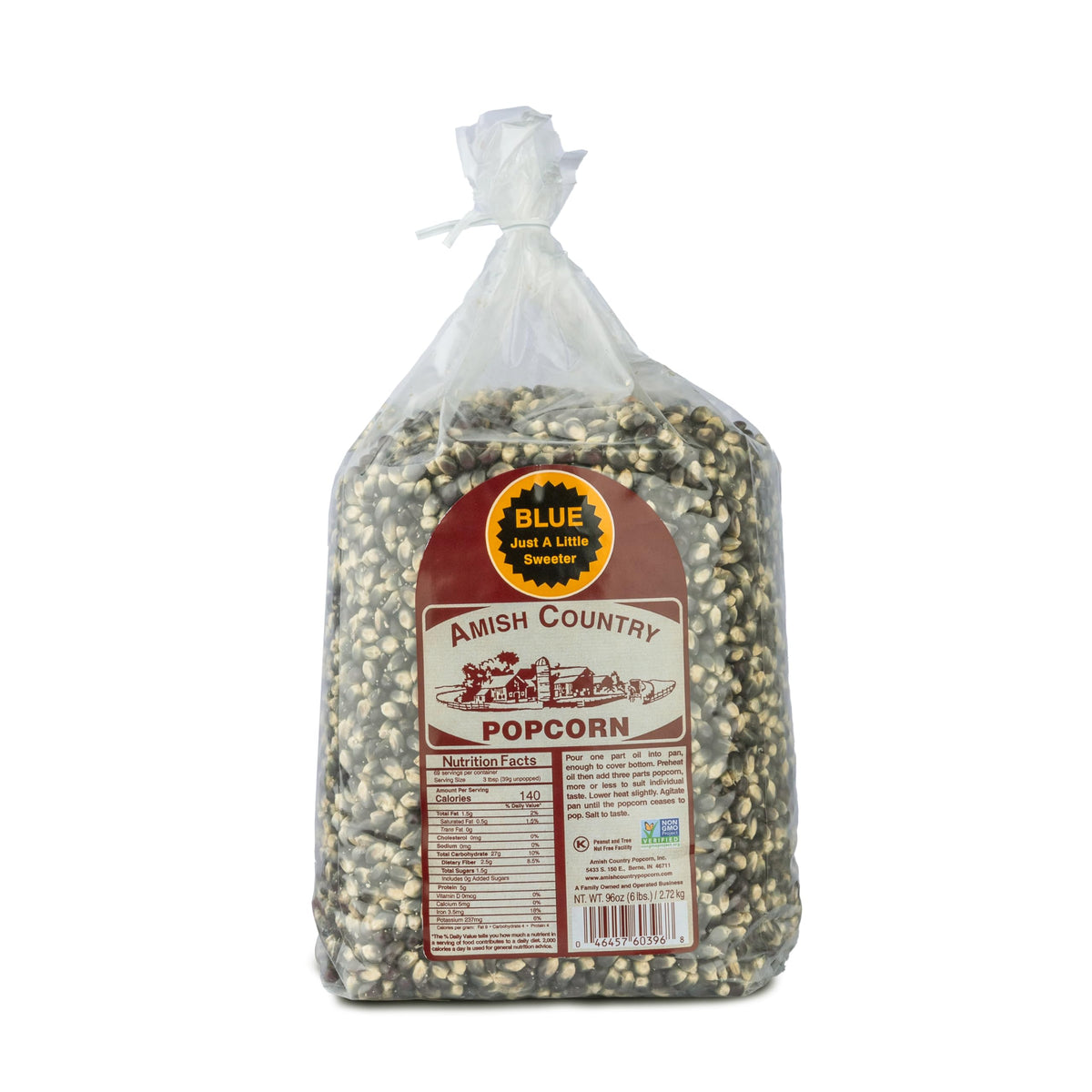 Amish Country Popcorn blue-kernel bag ready for home popping.