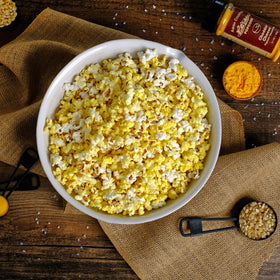 Bowl of fluffy Amish Country Popcorn Baby Yellow popped corn, perfect for movie nights