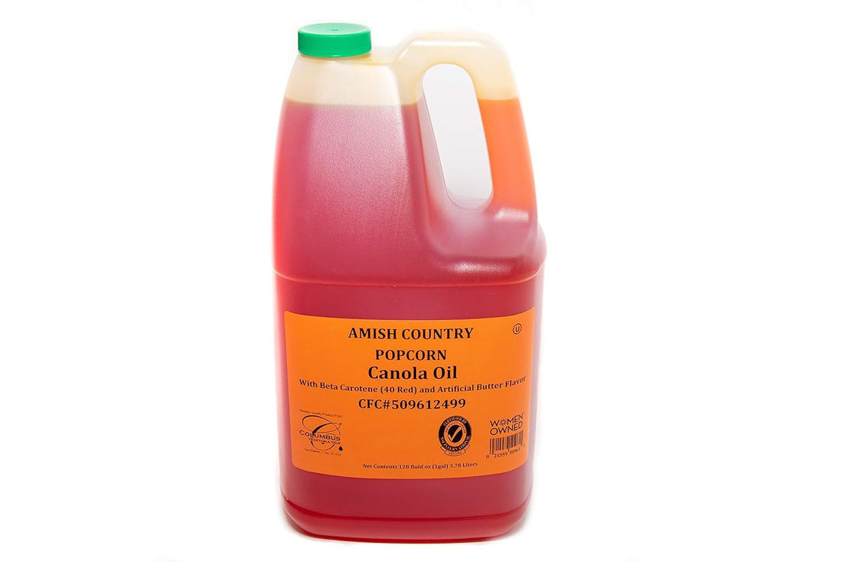 Amish Country Popcorn butter-flavored canola oil bottle on kitchen counter for quick popping
