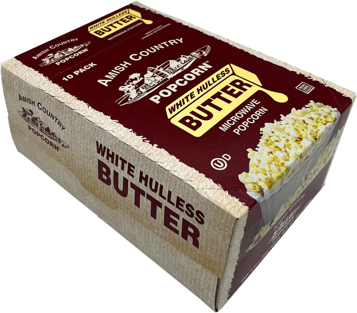 Amish Country Popcorn butter microwave packaging highlights a convenient 10-pack.