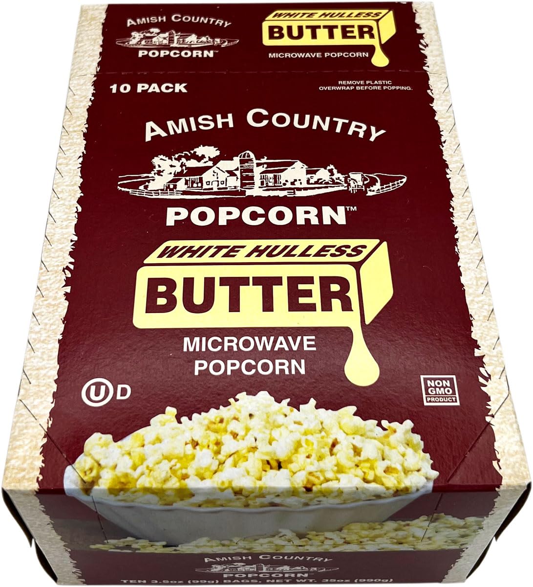 Amish Country Popcorn butter label emphasizes Non-GMO and Gluten Free.
