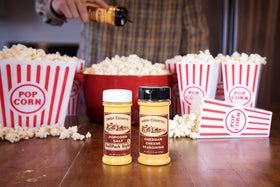 Poured BallPark Buttersalt on popcorn to create a glossy savory coating