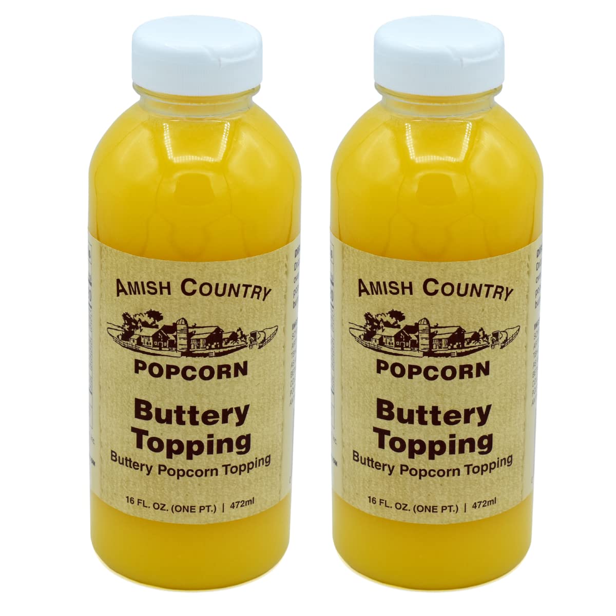 Amish Country Popcorn buttery-topping 2-pack bottles for easy, tasty popcorn topping at home.