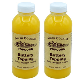 Amish Country Popcorn buttery-topping 2-pack bottles for easy, tasty popcorn topping at home.