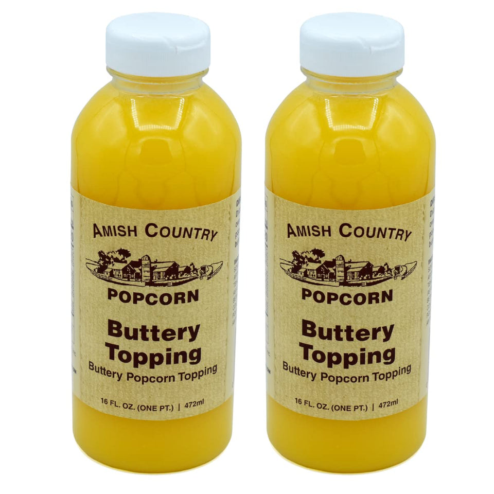 Amish Country Popcorn buttery-topping 2-pack bottles for easy, tasty popcorn topping at home.