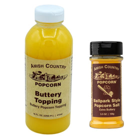 Amish Country Popcorn buttery topping jar enhances popcorn with creamy flavor.