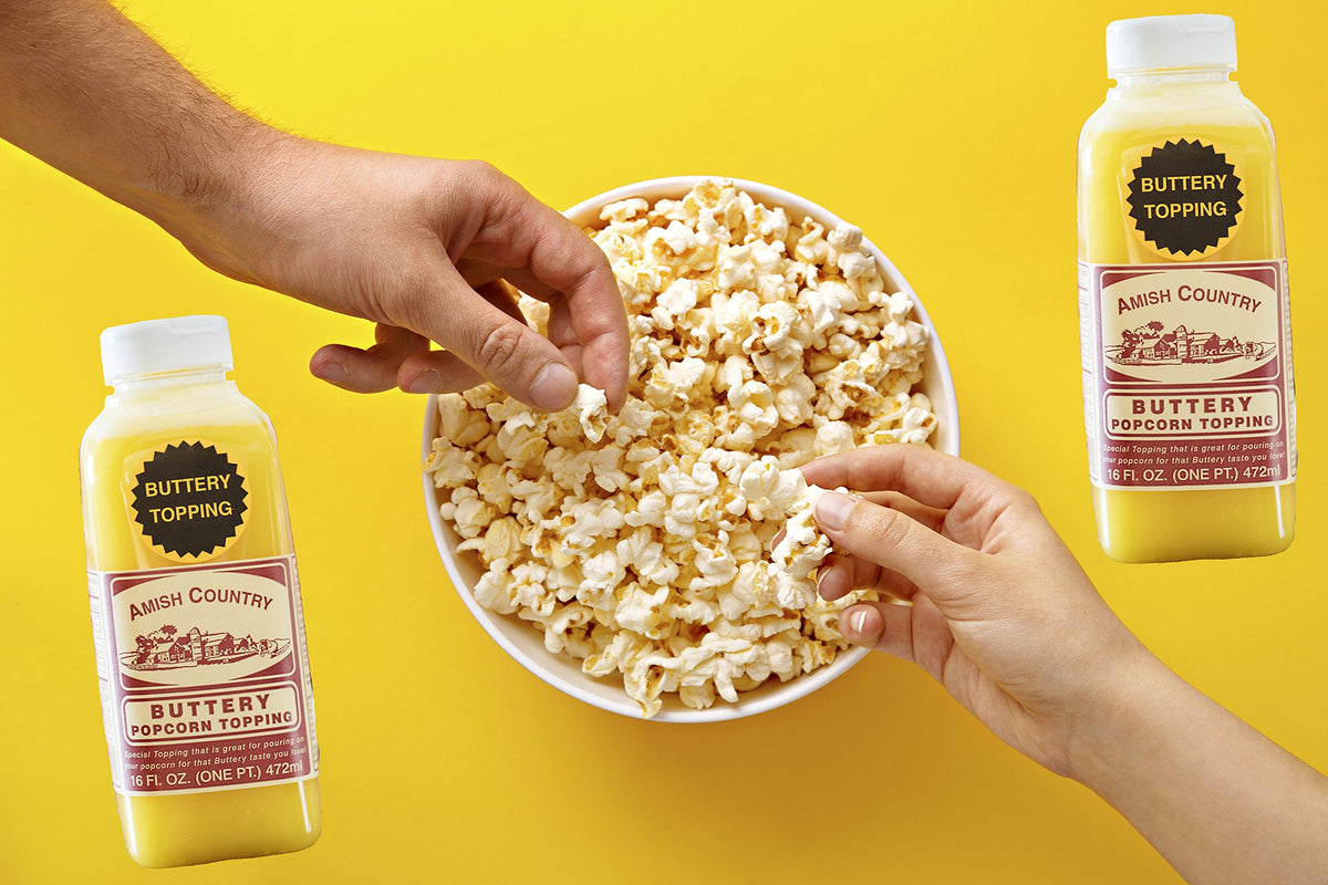 Amish Country Popcorn buttery-topping bottle pour adds rich flavor to popcorn.
