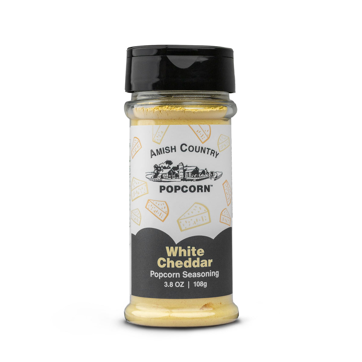 Amish Country Popcorn Cheddar Cheese bottle adds rich, cheesy notes to popcorn.