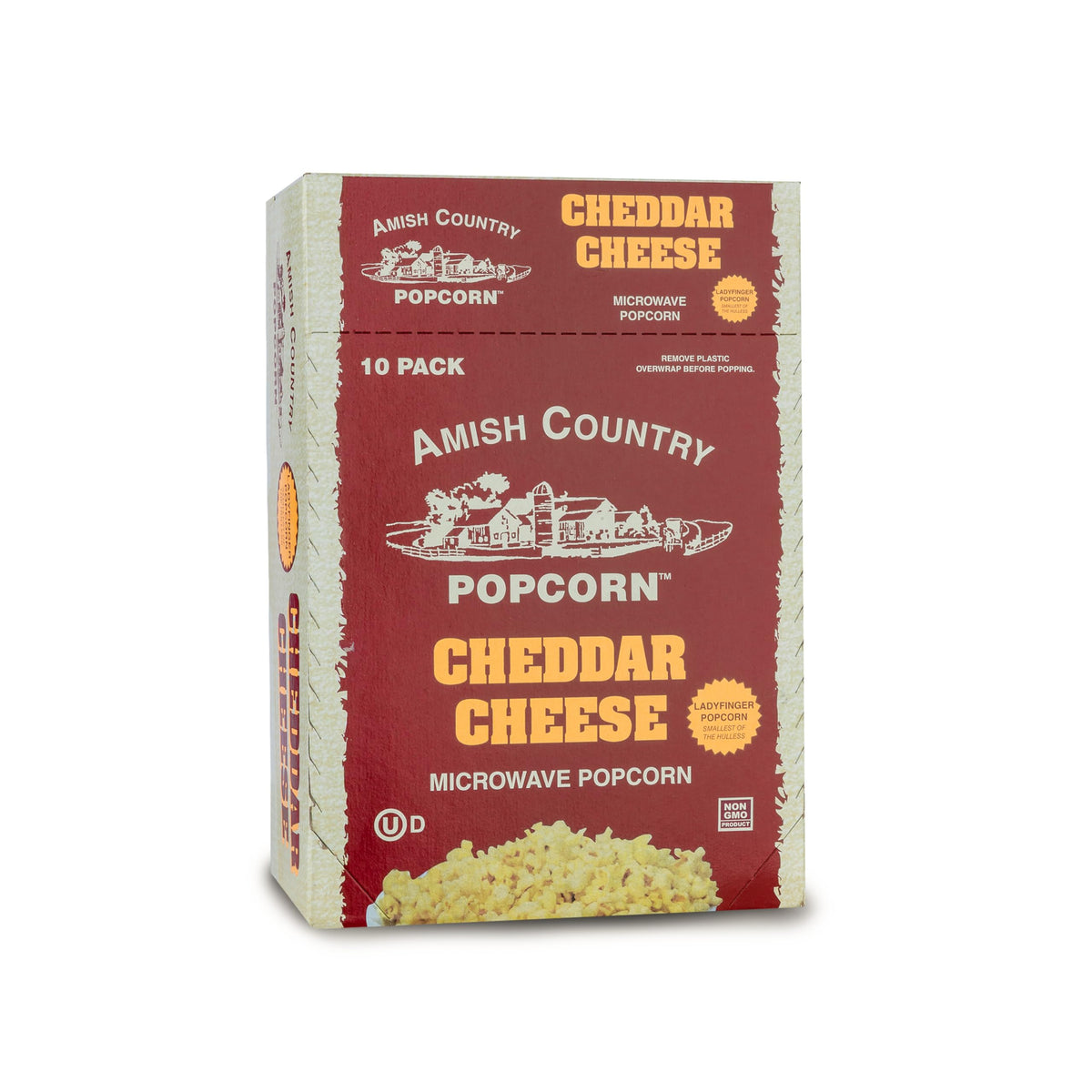 Amish Country Popcorn cheddar cheese ladyfinger microwavable pack for quick snacking.