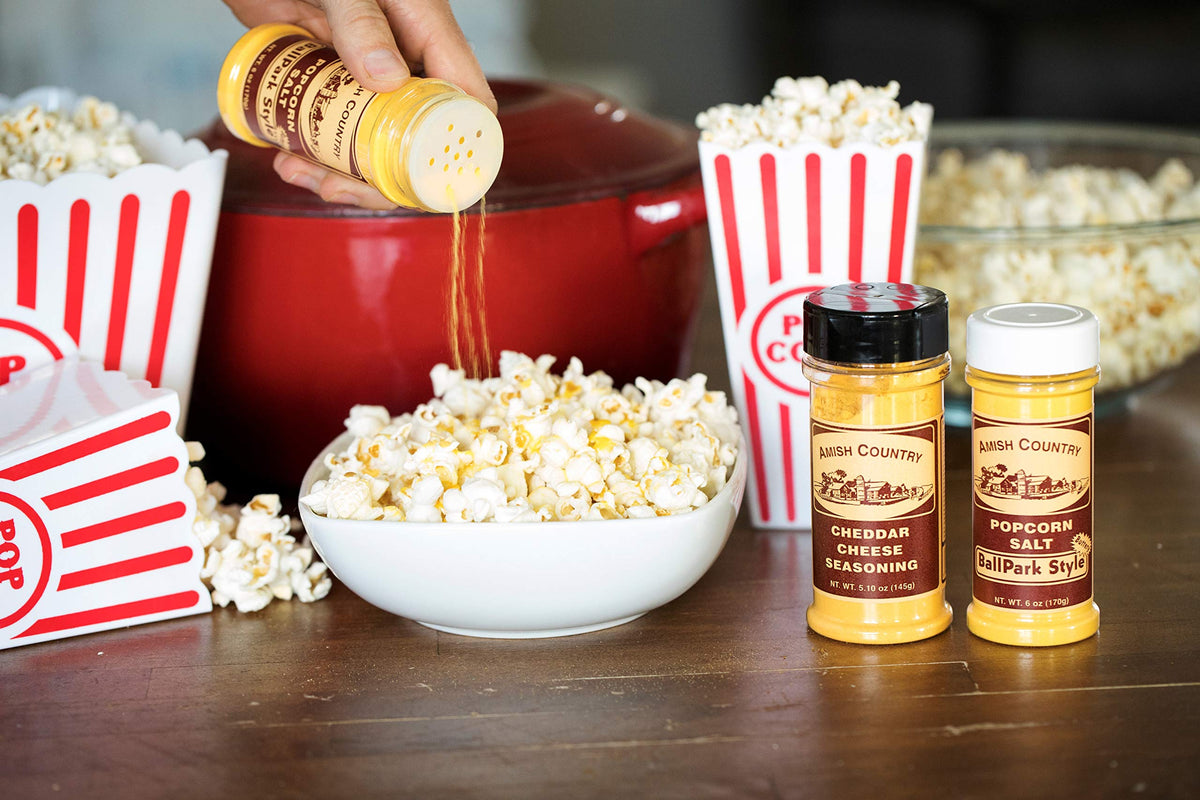 Amish Country Popcorn Cheddar Cheese seasoning jar adds bold cheddar notes