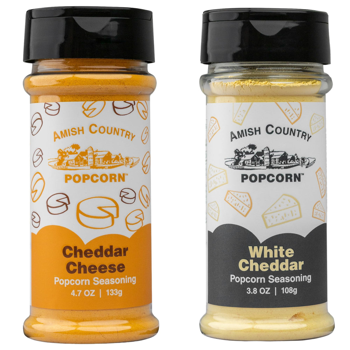 Amish Country Popcorn cheddar seasoning pack close-up enhances bold flavor.