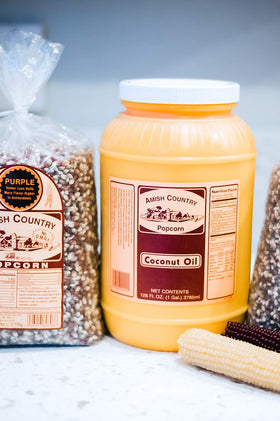 Amish Country Popcorn Coconut Oil 1 Gallon jar shown for popcorn prep.