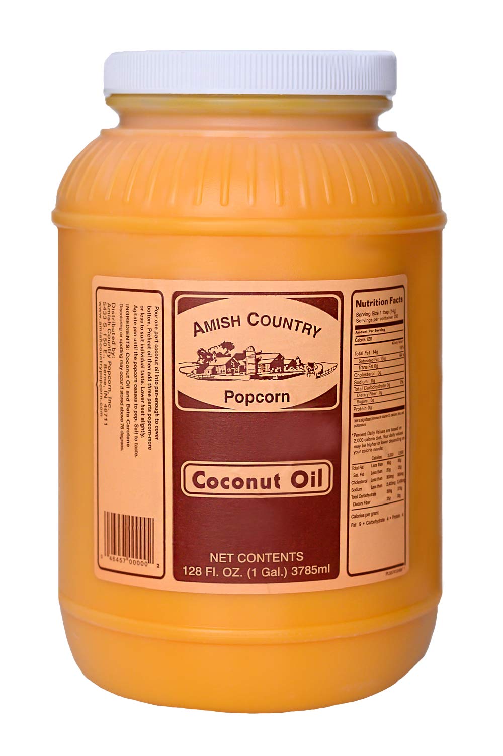 Amish Country Popcorn Coconut Oil 1 Gallon label highlights non-GMO and gluten-free benefits.