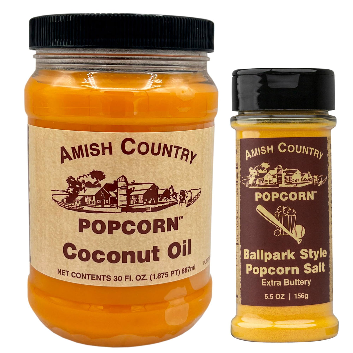 Amish Country Popcorn coconut oil bottle for popping and flavoring.