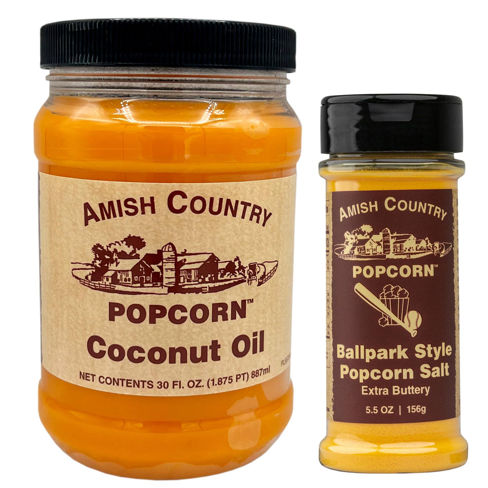 Amish Country Popcorn coconut oil bottle for popping and flavoring.