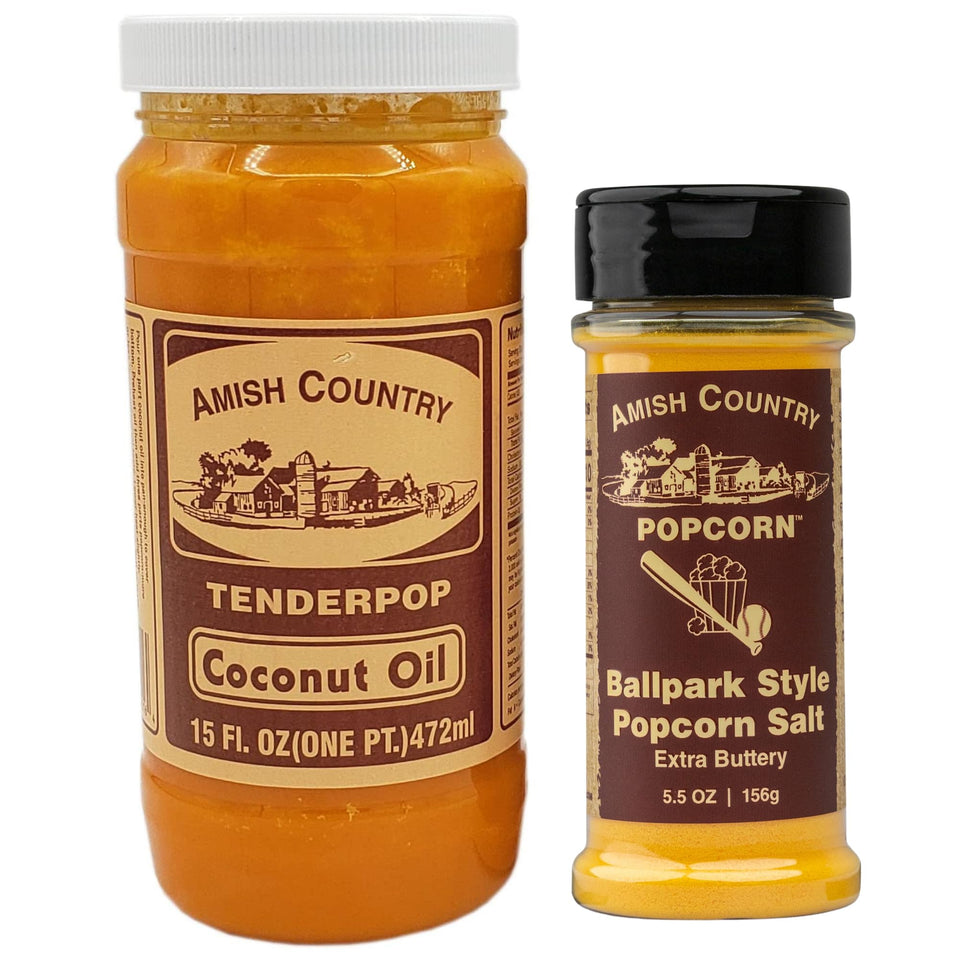 Amish Country Popcorn coconut oil bottle pour for smooth, flavorful popping