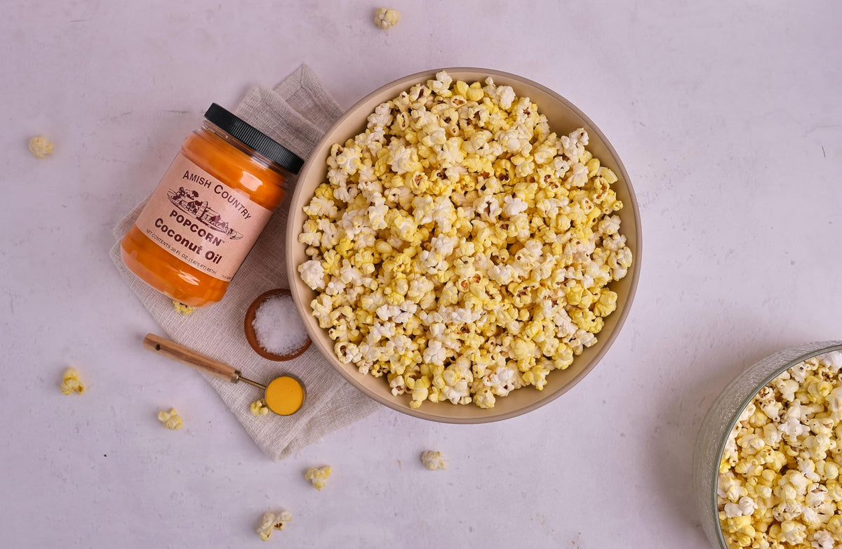 Amish Country Popcorn gluten-free badge appears on packaging.