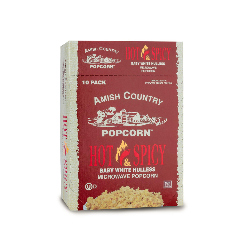 Amish Country Popcorn Hot N Spicy White Hulless microwave bag for a quick snack
