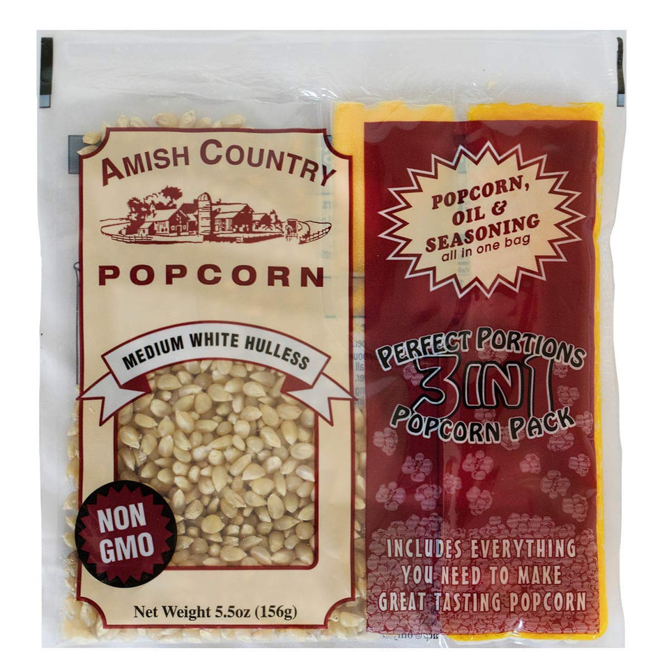 Amish Country Popcorn hulless kernels in a pack for easy popping.