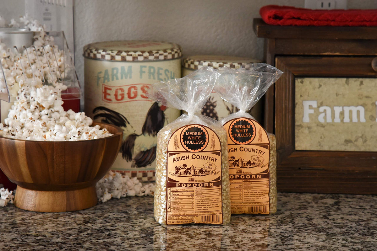 Amish Country Popcorn medium white kernels close-up ready for popping
