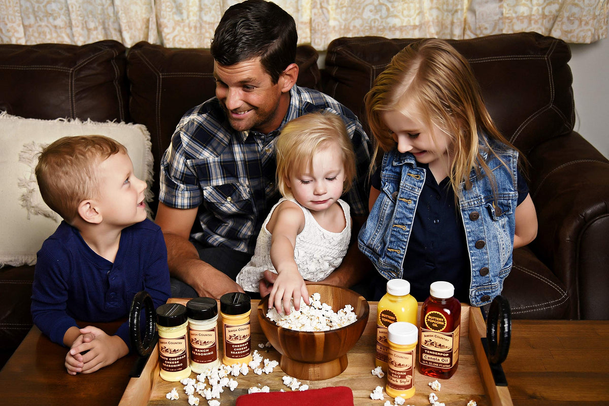 Amish Country Popcorn Ladyfinger bottle preserves flavor and reduces mess during scooping.