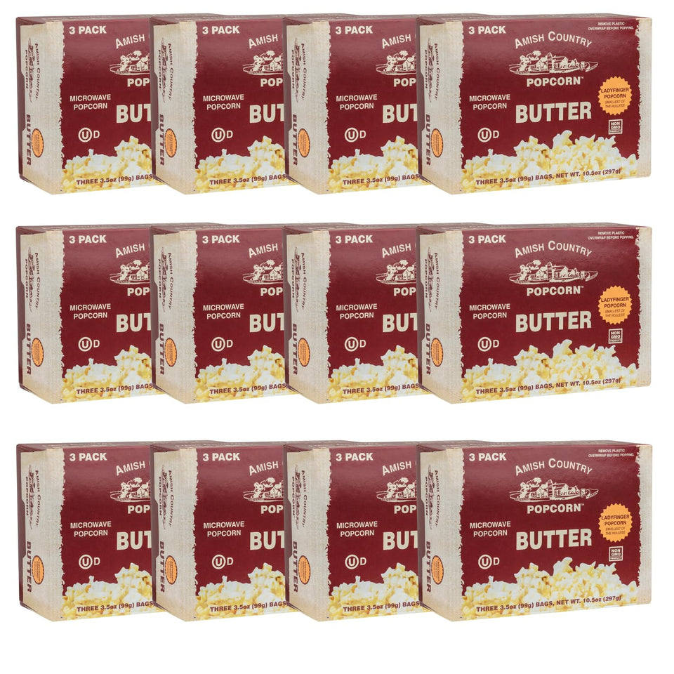 Amish Country Popcorn Ladyfinger Butter microwave bags ready for quick snack.