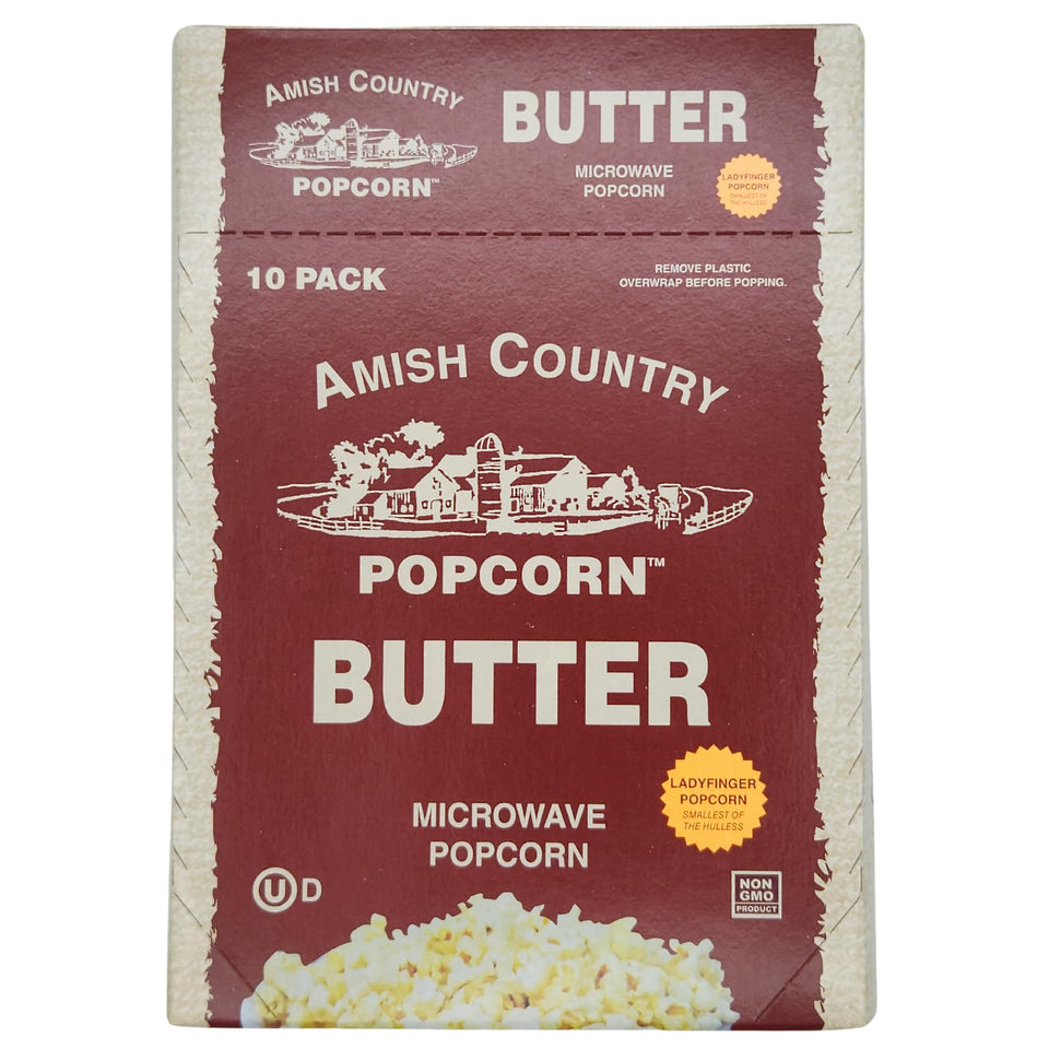 Amish Country Popcorn Ladyfinger Butter packaging ready for quick snacking.