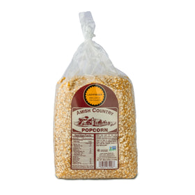 Amish Country Popcorn Ladyfinger kernels in a 6 lb bag for hulless, tender popcorn.