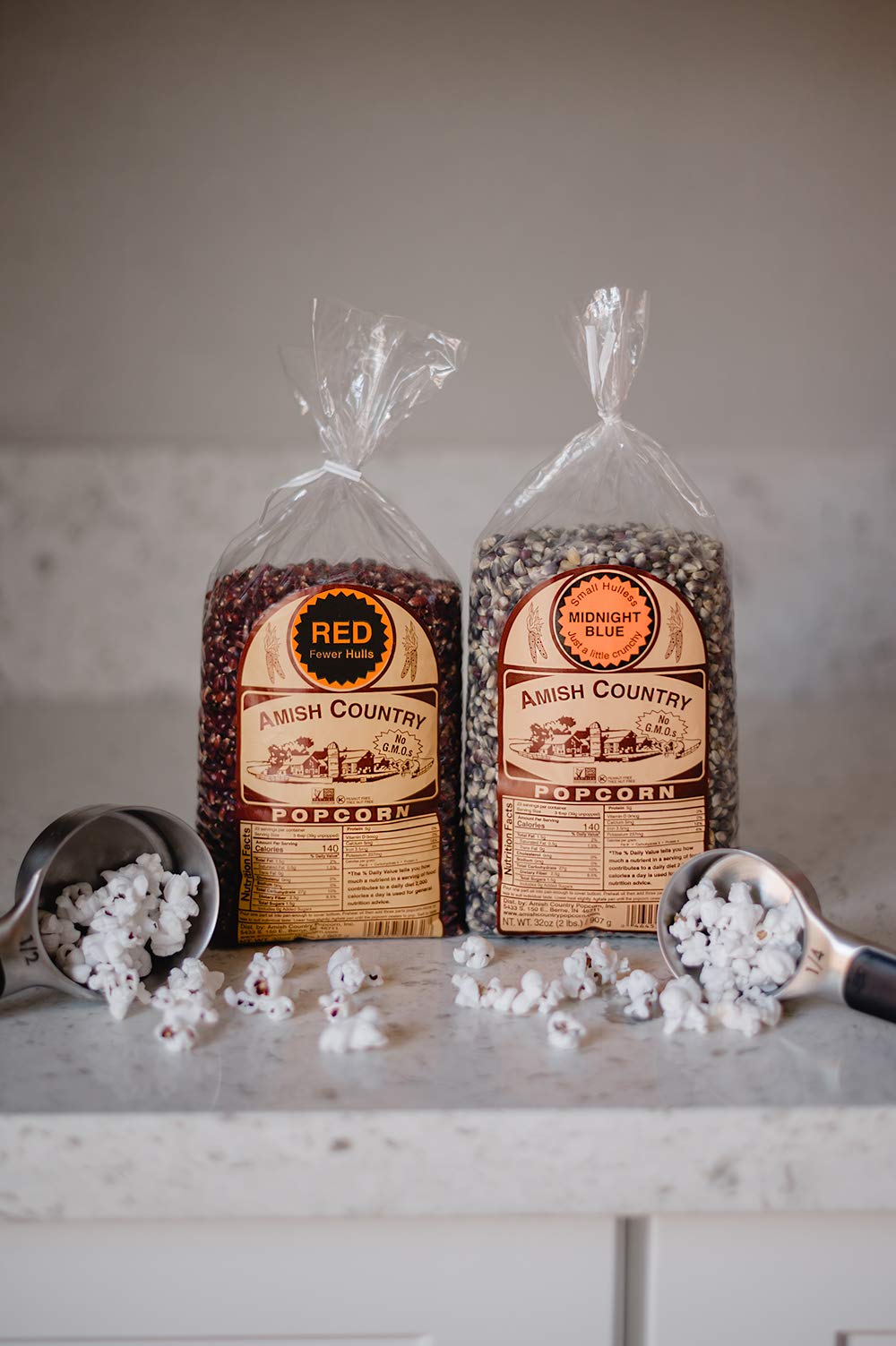 Amish Country Popcorn low-calorie snack with bold taste.