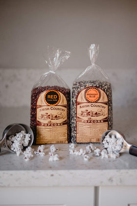 Amish Country Popcorn low-calorie snack with bold taste.